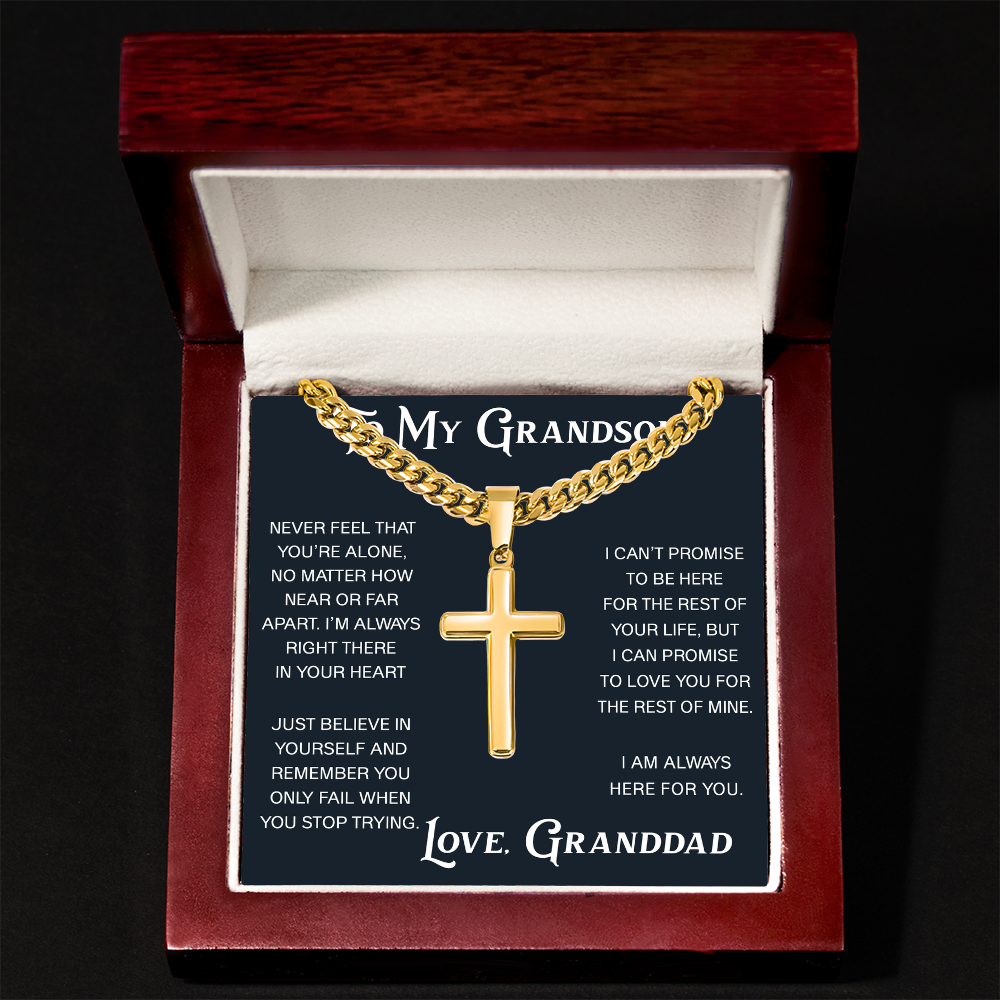 To My Grandson Artisan Cross with Cuban Link Chain - Christian Faith Gift From Granddad Inspirational Jewelry