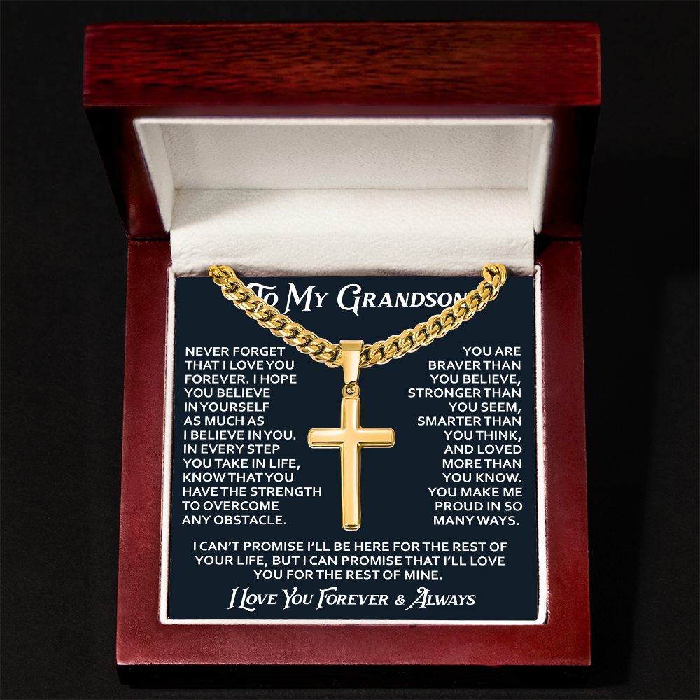 To My Grandson Artisan Cross with Cuban Link Chain - Christian Faith Gifts From Grandpa Inspirational Jewelry