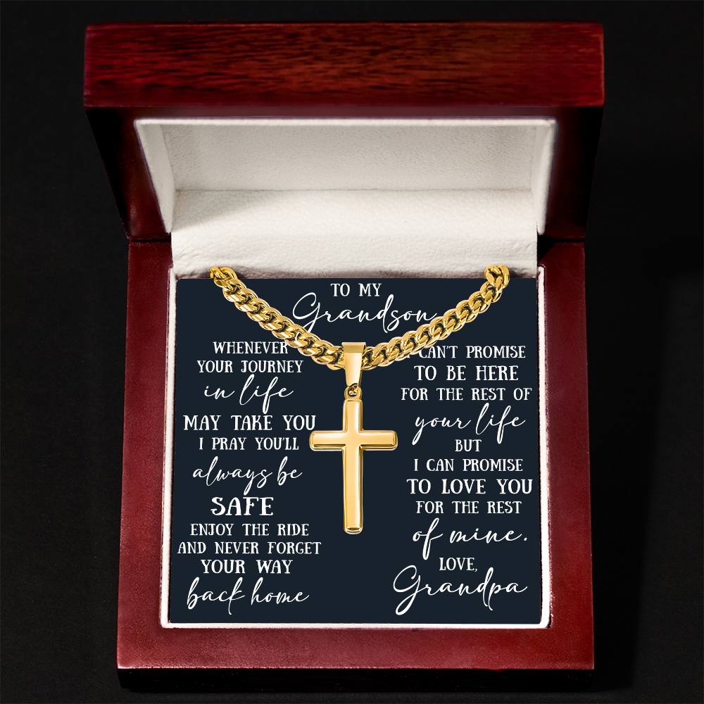 To My Grandson Artisan Cross with Cuban Link Chain - Christian Faith Gift From Grandpa Inspirational Jewelry