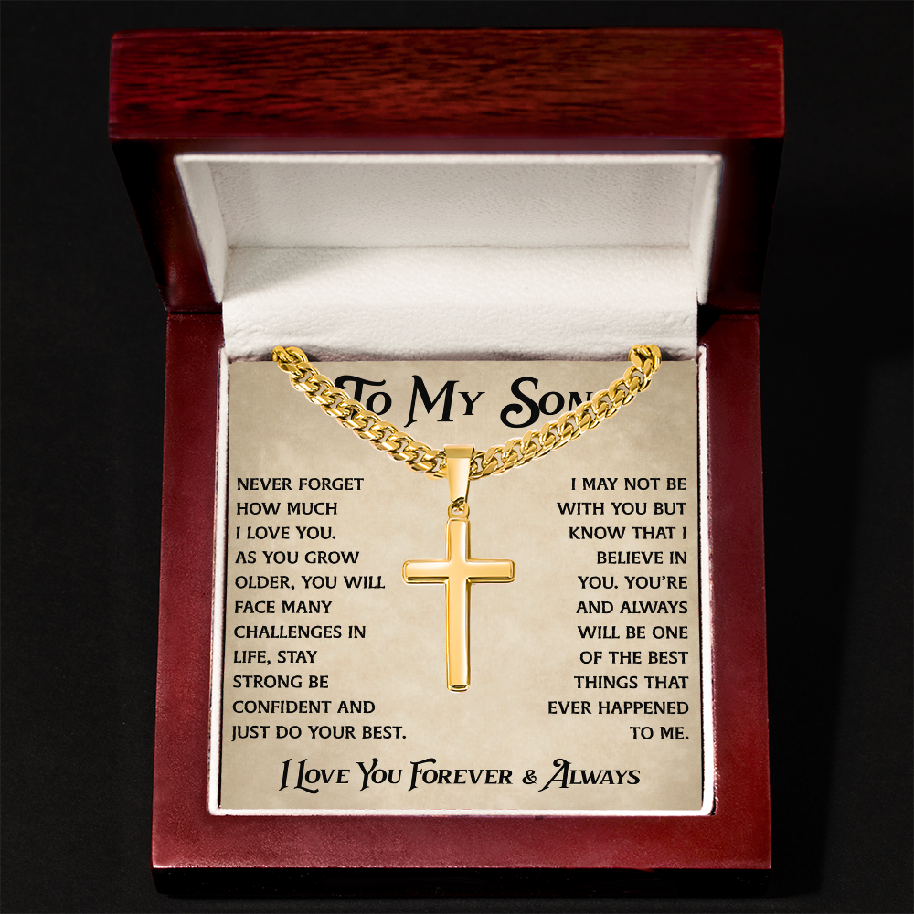 To My Son Artisan Cross with Cuban Link Chain - Heartfelt Jewelry Gifts from Dad Father for Birthday Back to School or Special Occasion