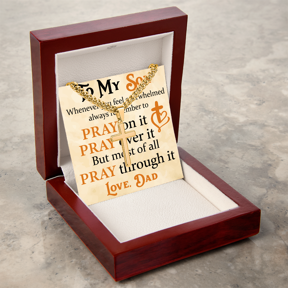 Product Image To My Son Bracelet from Dad, Pray on It, Pray Over It, But Most of All Pray Through It, Artisan Cross with Cuban Link Chain
