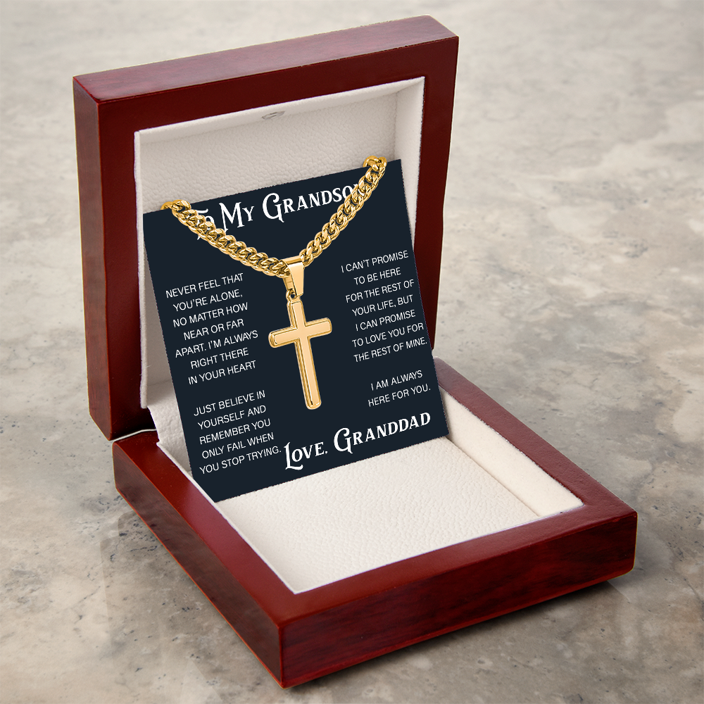 To My Grandson Artisan Cross with Cuban Link Chain - Christian Faith Gift From Granddad Inspirational Jewelry