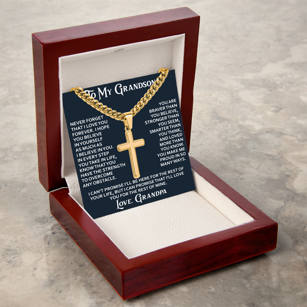 To My Grandson Artisan Cross with Cuban Link Chain - Christian Faith Gift From Grandpa Inspirational Jewelry
