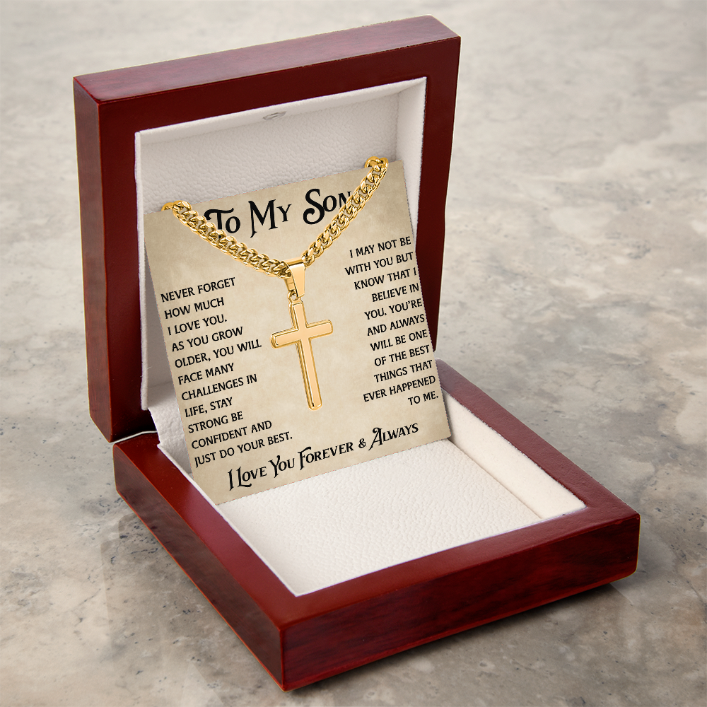 To My Son Artisan Cross with Cuban Link Chain - Heartfelt Jewelry Gifts from Dad Father for Birthday Back to School or Special Occasion (136732205633)I