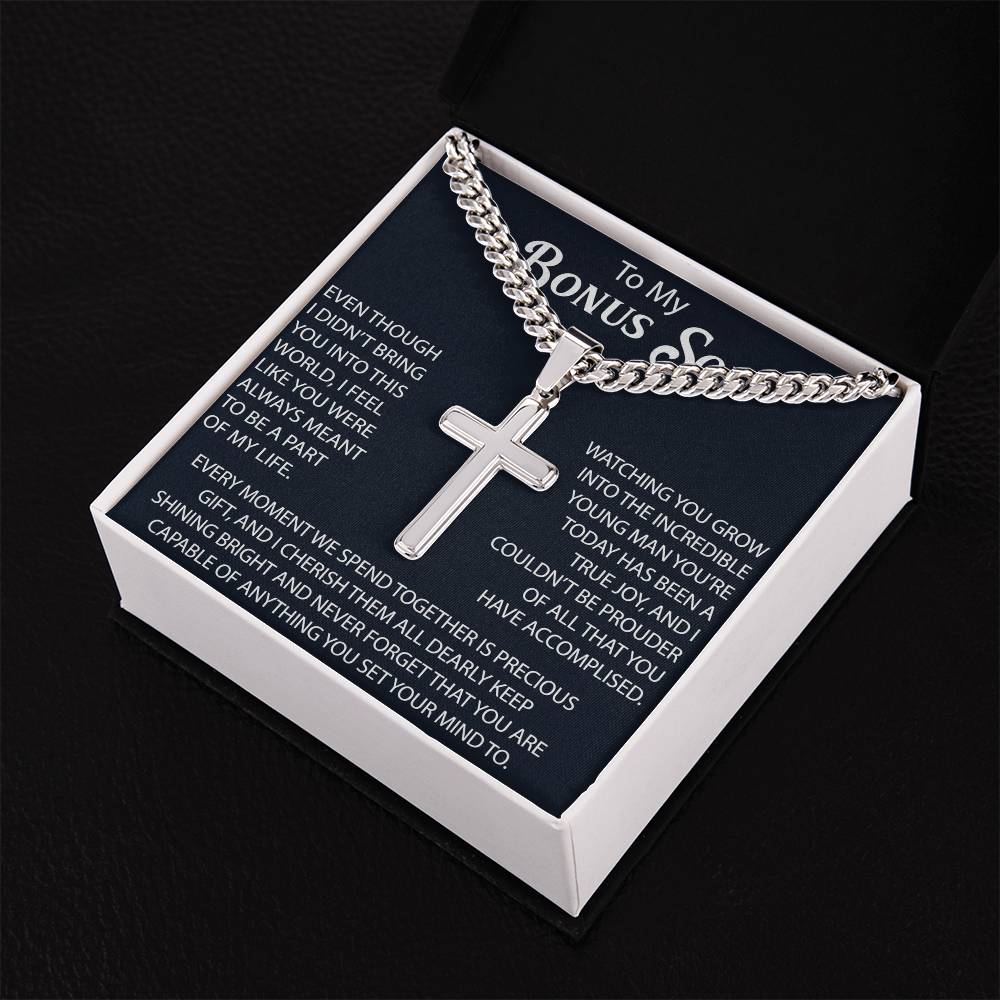 To My Bonus Son Personalized Cross with Cuban Link Chain -  Perfect Gift for Birthday, Christmas, Back to School or any Special Occasion.