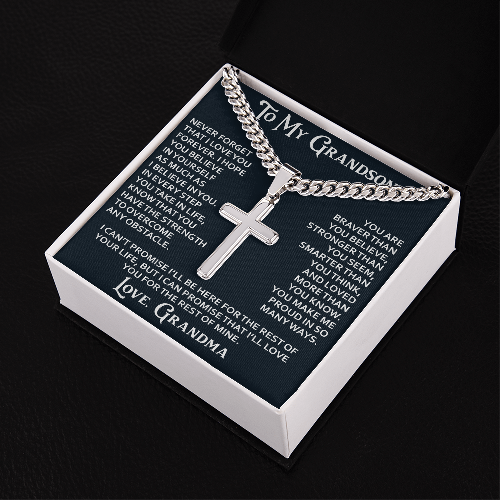 To My Grandson Personalized Cross with Cuban Link Chain From Grandma Grandmother for Christmas, Noel, Birthday, Back to School or Family Matching
