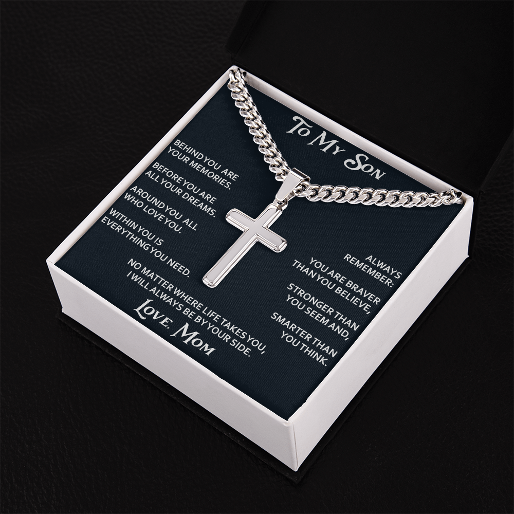 To My Son Personalized Cross with Cuban Link Chain Gift from Mom Mother for Birthday, Back to School, Graduation or any Special Occasion.