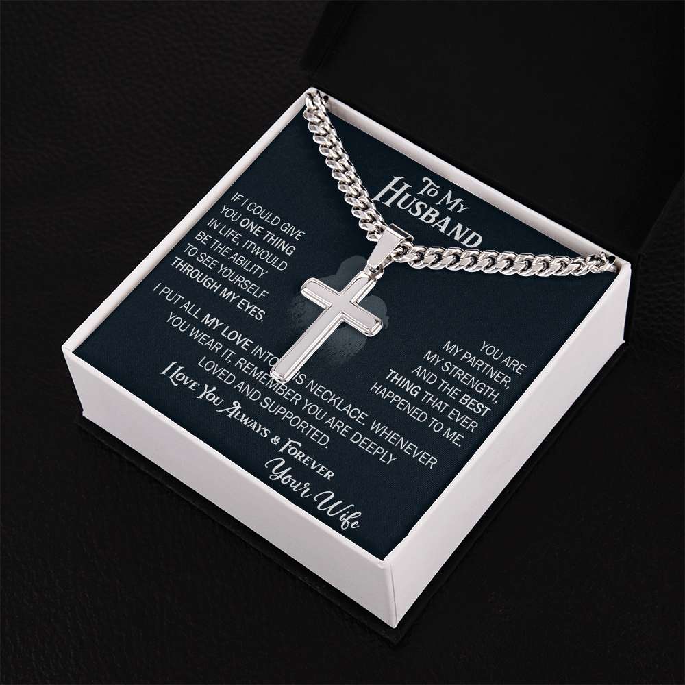 Product Image To My Husband Personalized Cross with Cuban Link Chain From Wife – Valentines Day Gifts for Her with Heartfelt Message Card, Premium Gold-Plated Wife Jewelry