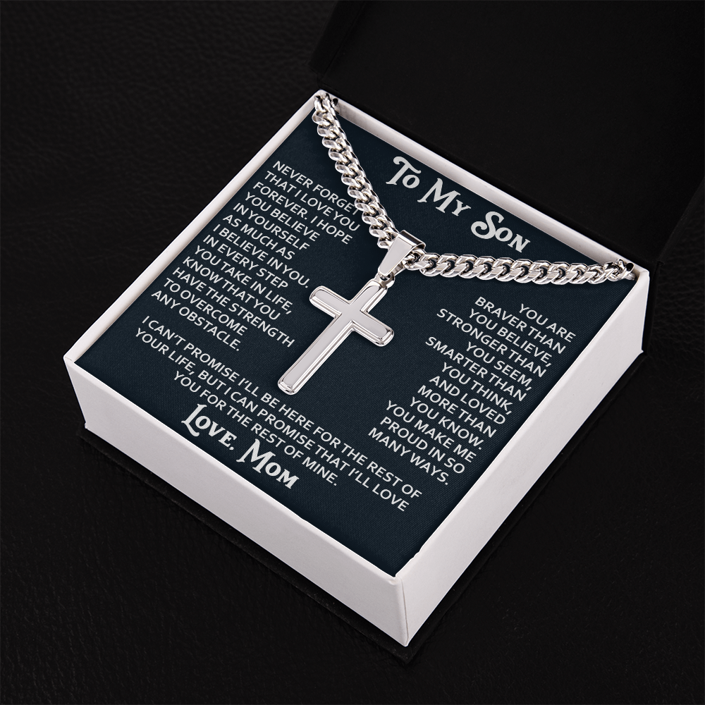 To My Son Personalized Cross with Cuban Link Chain Gift from Mom Mother for Birthday, Back to School, Graduation or any Special Occasion Present