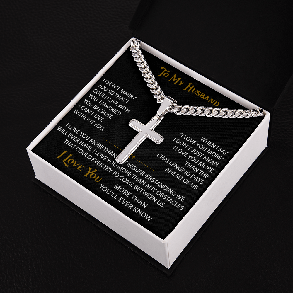 Wife Gift to My Husband Personalized Cross with Cuban Link Chain - Unique Present for Soulmate Broom, Wedding Anniversary, Birthday Gifts
