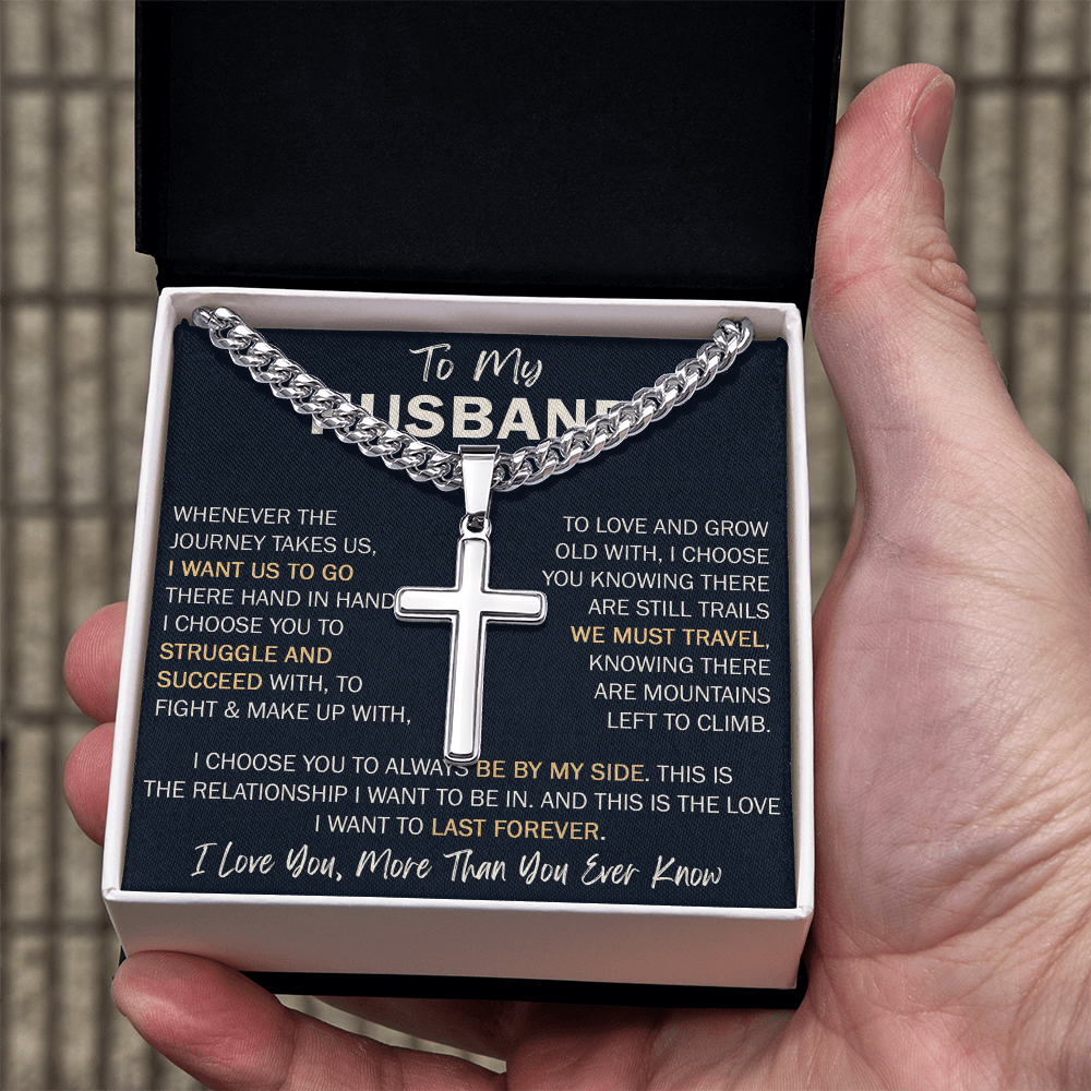 To My Husband Personalized Cross with Cuban Link Chain - Perfect Gift for Birthday, Valentine, Wedding Anniversary or any Special Occasion.