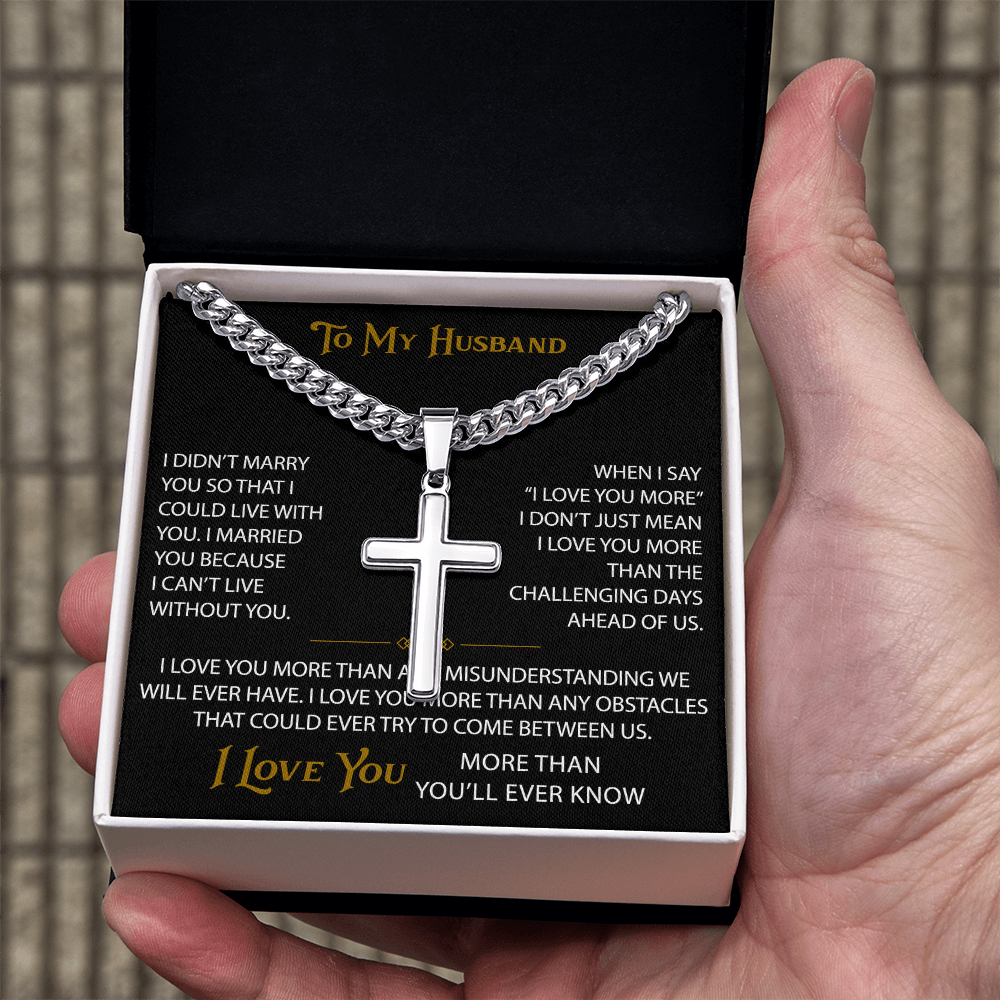 Wife Gift to My Husband Personalized Cross with Cuban Link Chain - Unique Present for Soulmate Broom, Wedding Anniversary, Birthday Gifts