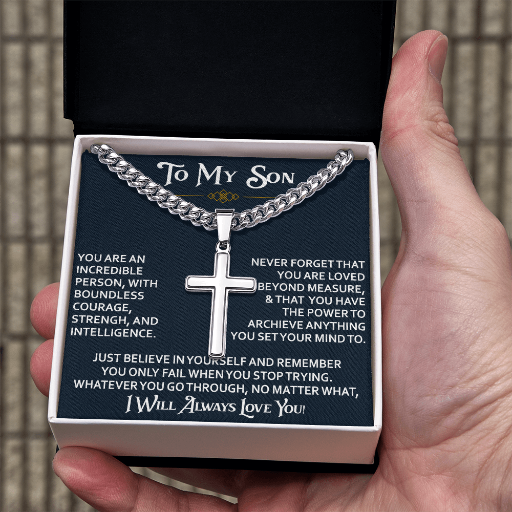 To My Son Personalized Cross with Cuban Link Chain Gift from Dad Mom - Unique Gift for Birthday, Back to School, Graduation or any Special Occasion.