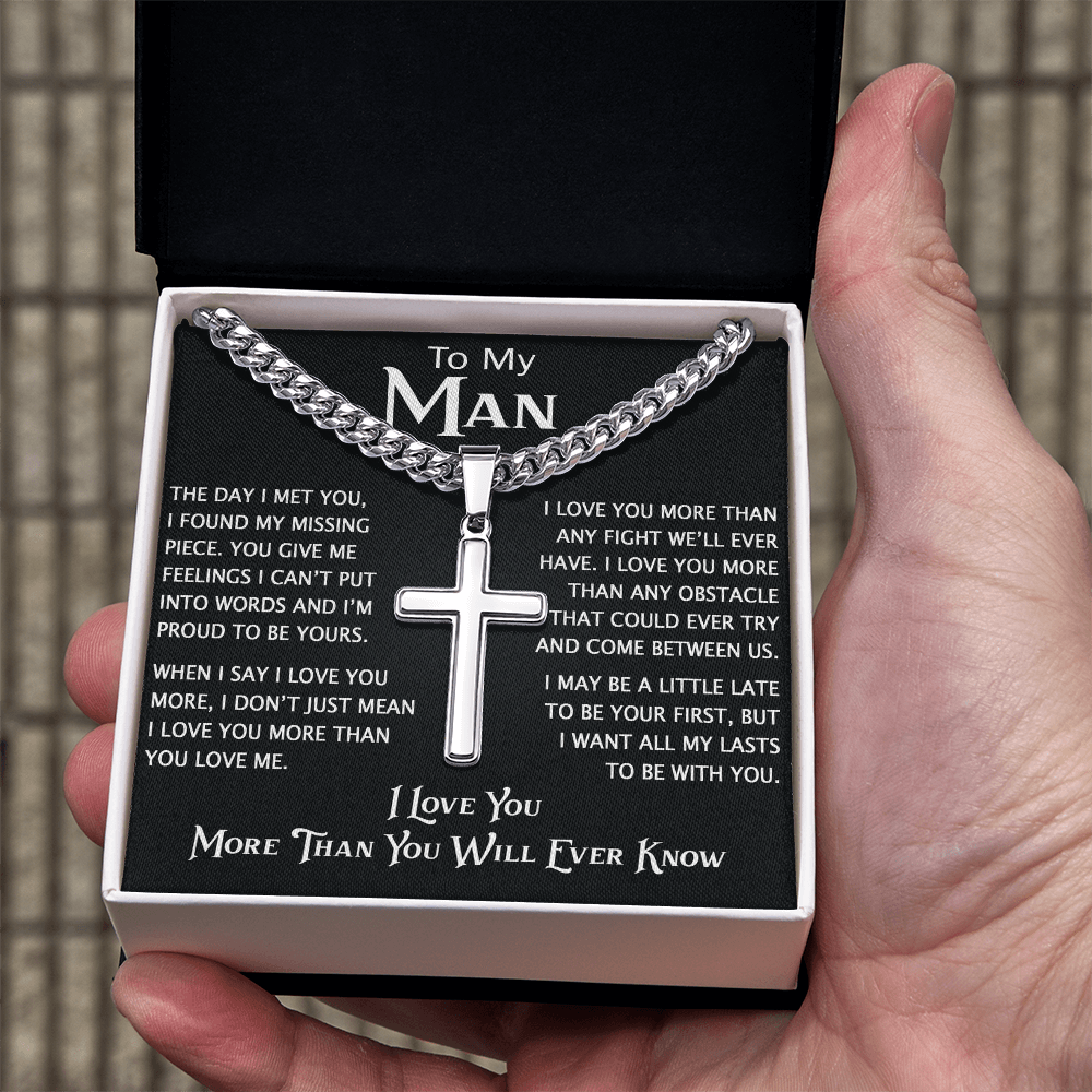 To My Man Personalized Cross with Cuban Link Chain - Perfect Gift for Birthday, Christmas
