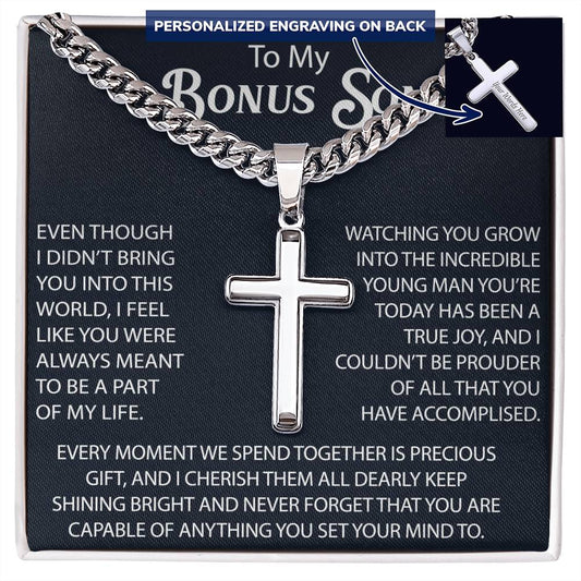 To My Bonus Son Personalized Cross with Cuban Link Chain -  Perfect Gift for Birthday, Christmas, Back to School or any Special Occasion.