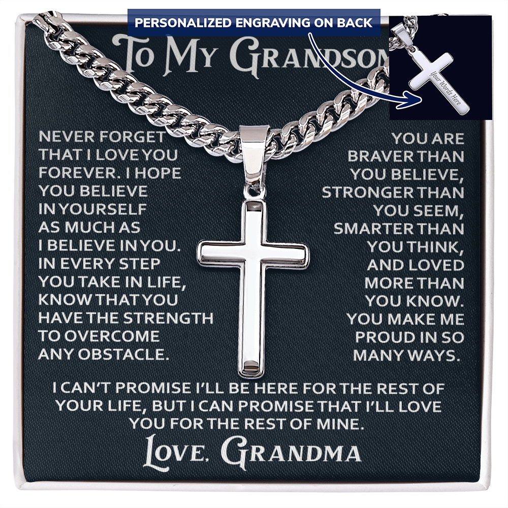 To My Grandson Personalized Cross with Cuban Link Chain From Grandma Grandmother for Christmas, Noel, Birthday, Back to School or Family Matching