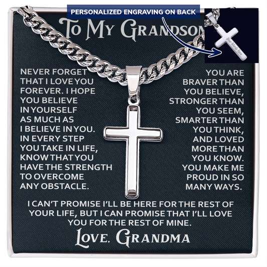 To My Grandson Personalized Cross with Cuban Link Chain From Grandma Grandmother for Christmas, Noel, Birthday, Back to School or Family Matching