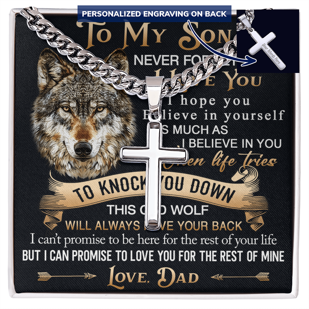 To My Son Personalized Cross with Cuban Link Chain Gift from Wolf Dad - Unique Gift for Birthday, Back to School, Graduation or any Special Occasion.