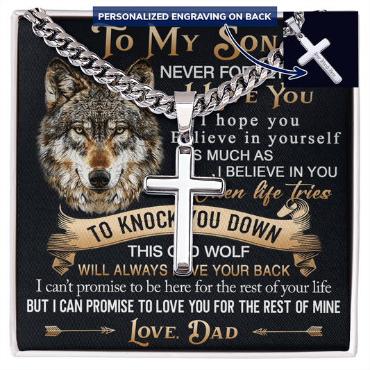 To My Son Personalized Cross with Cuban Link Chain Gift from Wolf Dad - Unique Gift for Birthday, Back to School, Graduation or any Special Occasion.