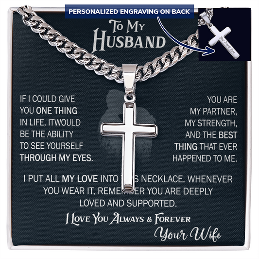 Product Image To My Husband Personalized Cross with Cuban Link Chain From Wife – Valentines Day Gifts for Her with Heartfelt Message Card, Premium Gold-Plated Wife Jewelry