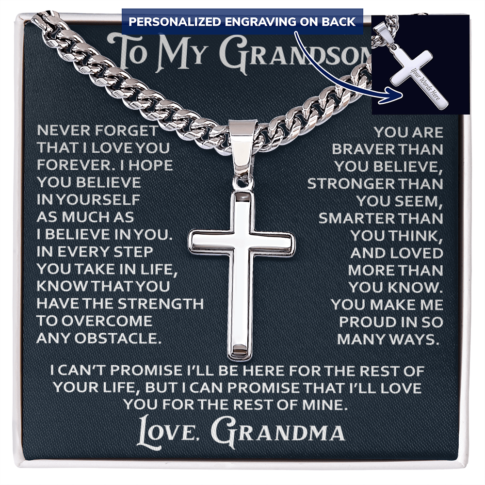 To My Grandson Artisan Cross with Cuban Link Chain - Christian Faith Gifts From Grandpa Grandma Inspirational Jewelry