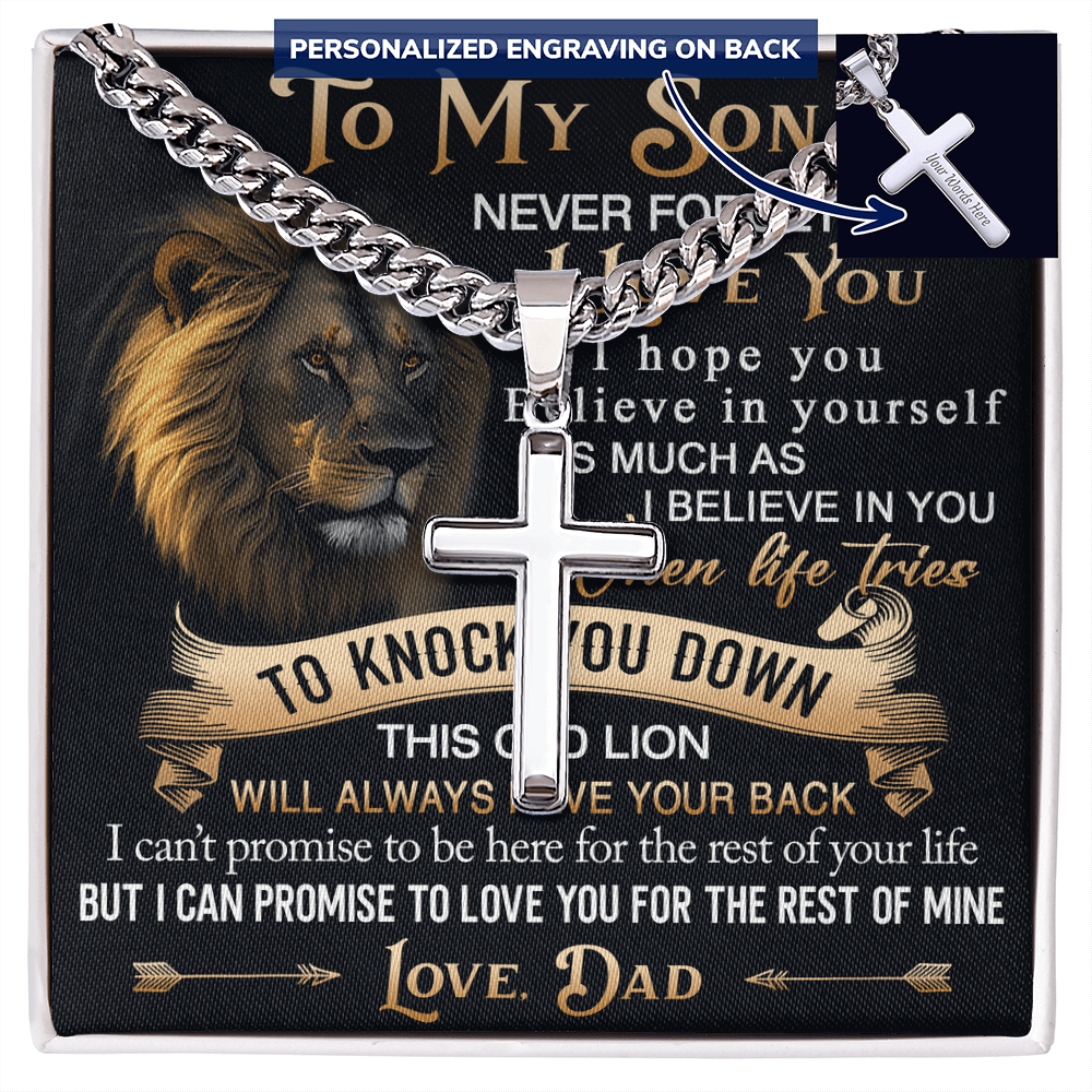 To My Son Personalized Cross with Cuban Link Chain Gift from Dad - Unique Gift for Birthday, Back to School, Graduation or any Special Occasion.