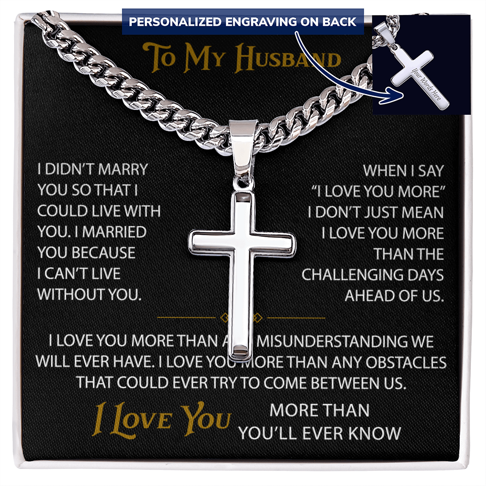 Wife Gift to My Husband Personalized Cross with Cuban Link Chain - Unique Present for Soulmate Broom, Wedding Anniversary, Birthday Gifts