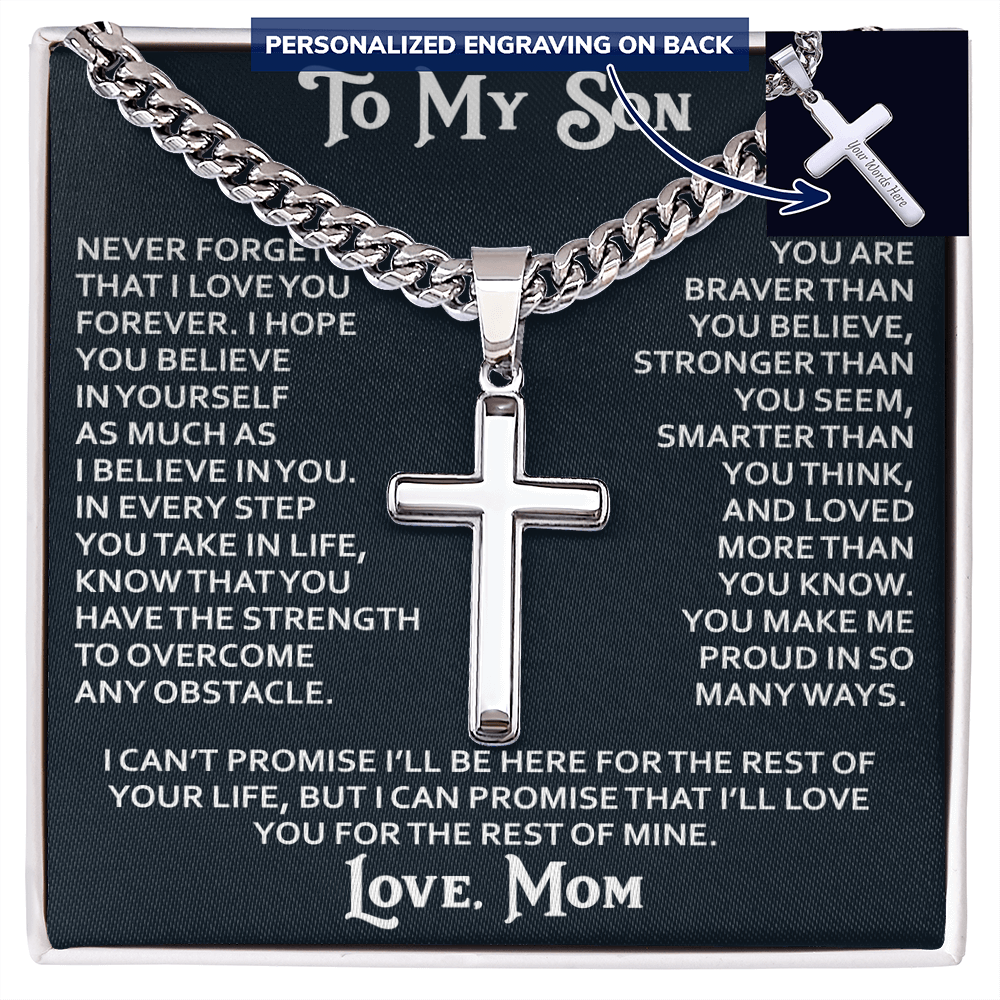 To My Son Personalized Cross with Cuban Link Chain Gift from Mom Mother for Birthday, Back to School, Graduation or any Special Occasion Present