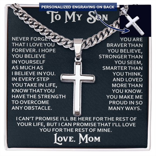To My Son Personalized Cross with Cuban Link Chain Gift from Mom Mother for Birthday, Back to School, Graduation or any Special Occasion Present