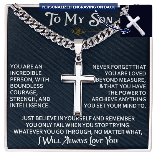 To My Son Personalized Cross with Cuban Link Chain Gift from Dad Mom - Unique Gift for Birthday, Back to School, Graduation or any Special Occasion.