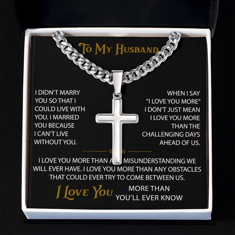 Wife Gift to My Husband Personalized Cross with Cuban Link Chain - Unique Present for Soulmate Broom, Wedding Anniversary, Birthday Gifts