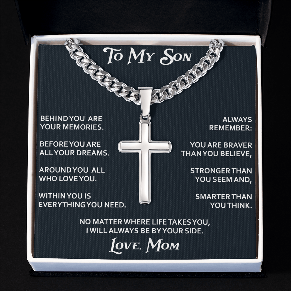 To My Son Personalized Cross with Cuban Link Chain Gift from Mom Mother for Birthday, Back to School, Graduation or any Special Occasion.