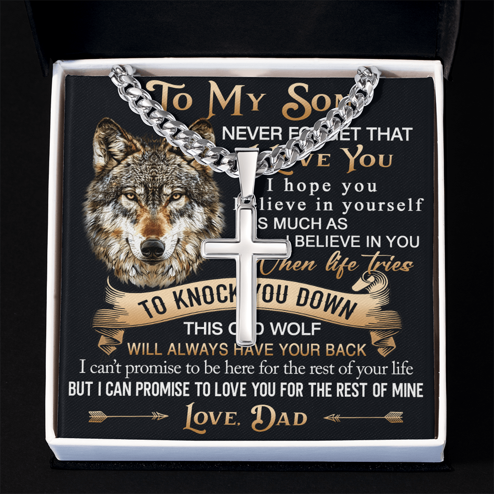 To My Son Personalized Cross with Cuban Link Chain Gift from Wolf Dad - Unique Gift for Birthday, Back to School, Graduation or any Special Occasion.