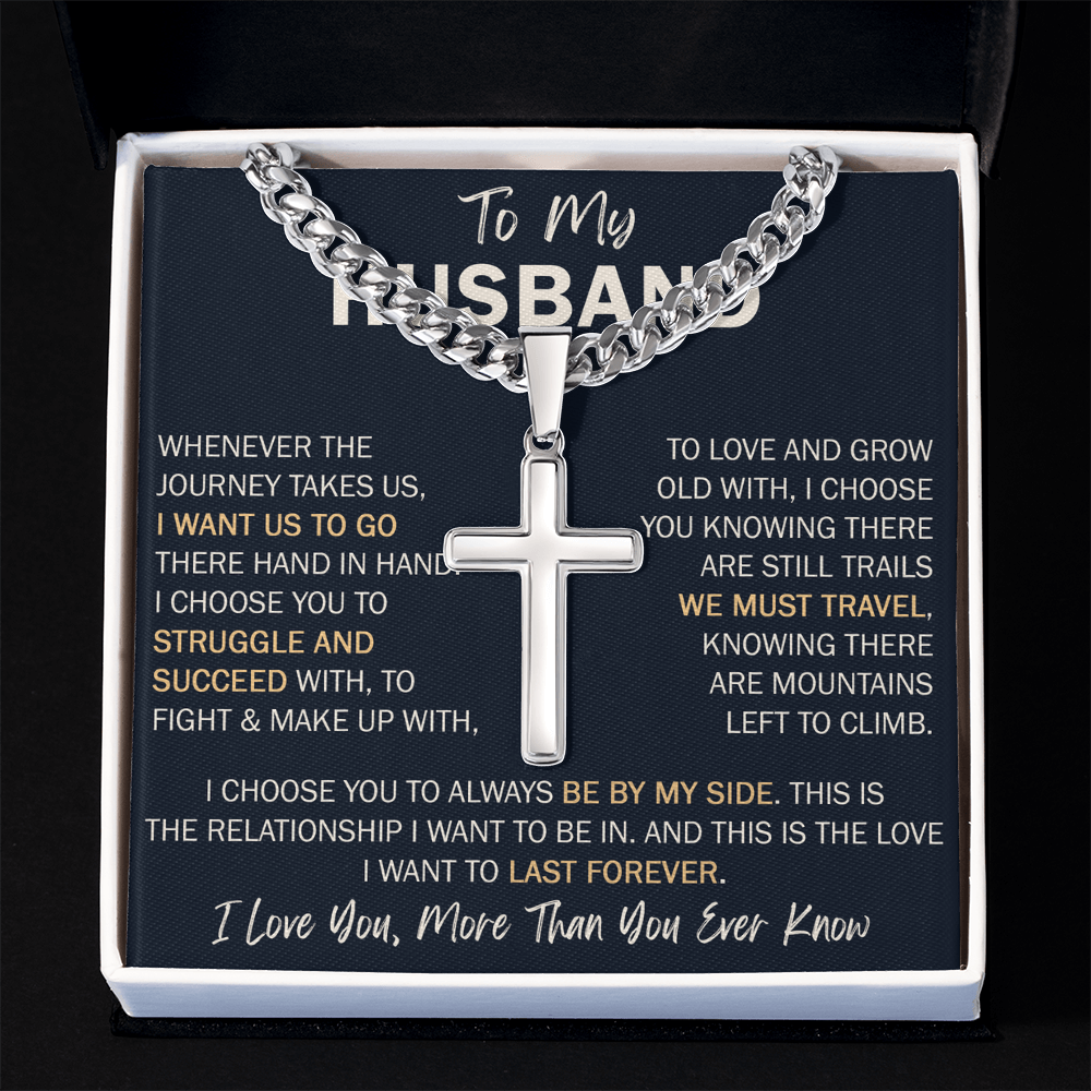 To My Husband Personalized Cross with Cuban Link Chain - Perfect Gift for Birthday, Valentine, Wedding Anniversary or any Special Occasion.
