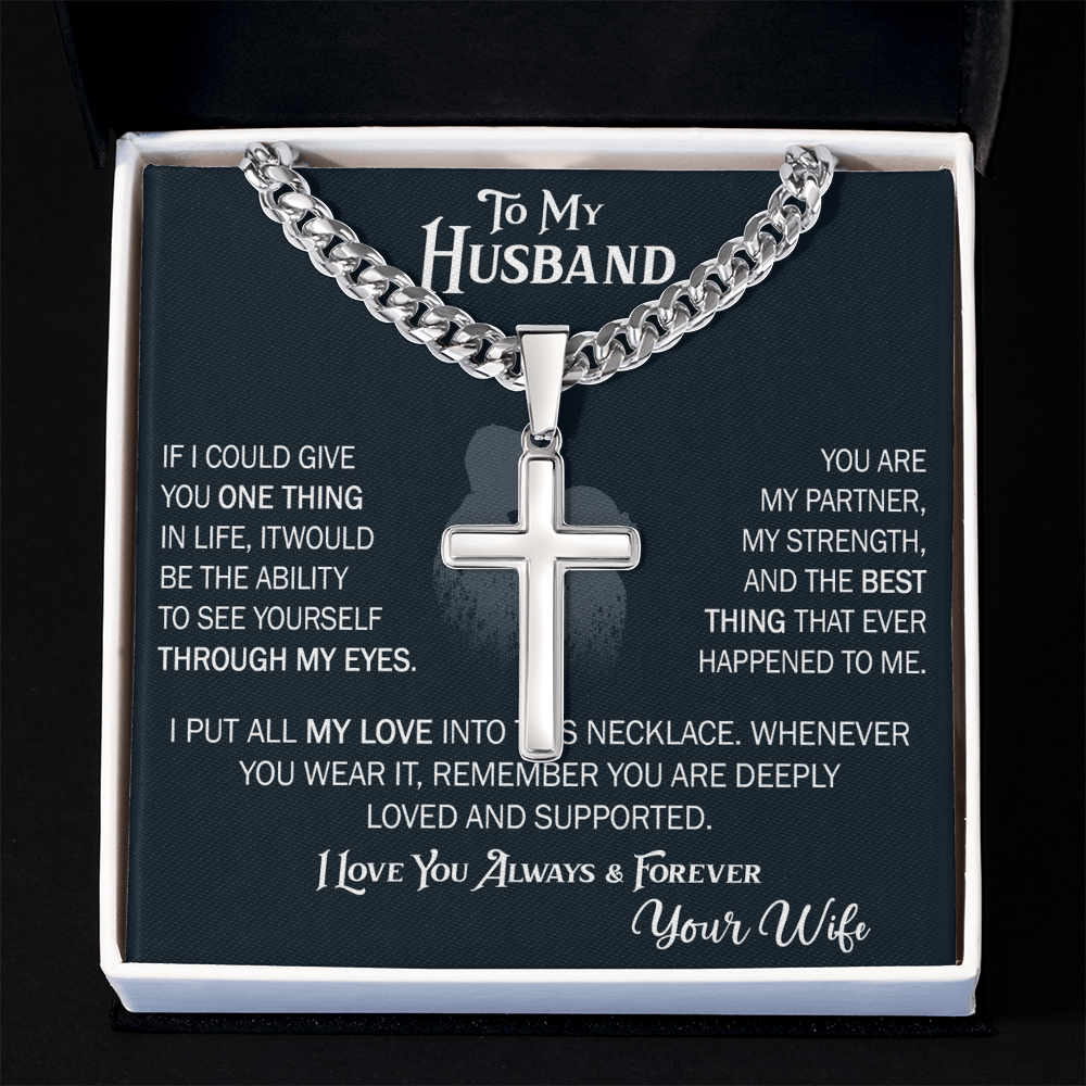 Product Image To My Husband Personalized Cross with Cuban Link Chain From Wife – Valentines Day Gifts for Her with Heartfelt Message Card, Premium Gold-Plated Wife Jewelry