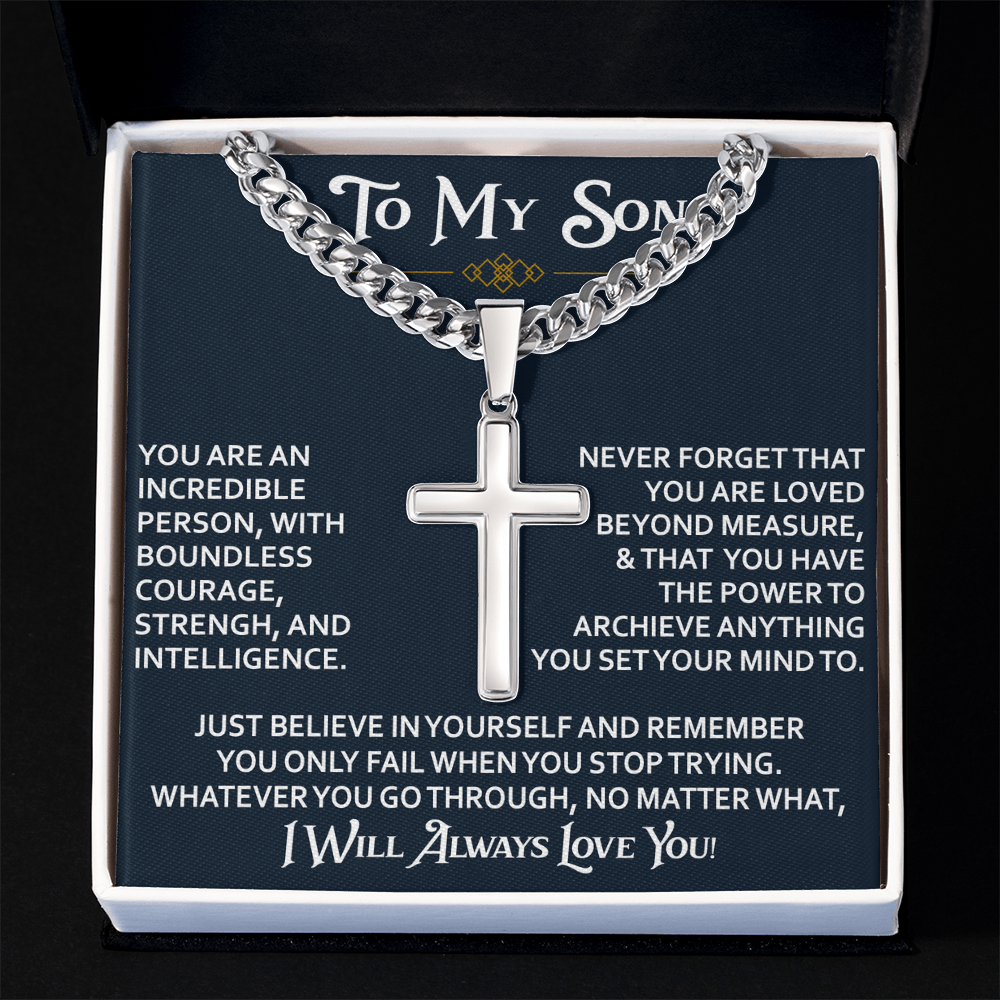 To My Son Personalized Cross with Cuban Link Chain Gift from Dad Mom - Unique Gift for Birthday, Back to School, Graduation or any Special Occasion.