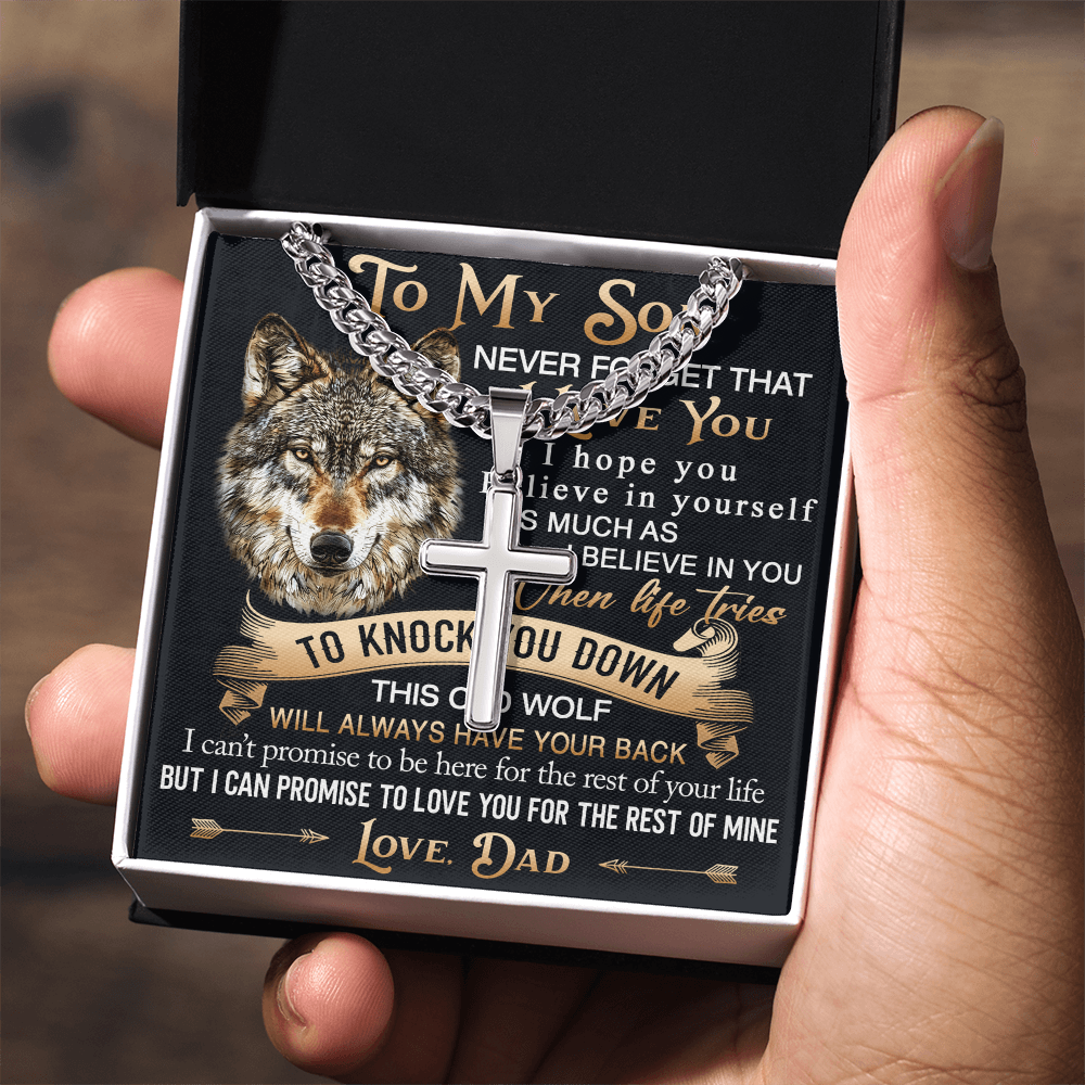 To My Son Personalized Cross with Cuban Link Chain Gift from Wolf Dad - Unique Gift for Birthday, Back to School, Graduation or any Special Occasion.