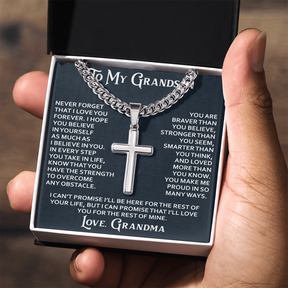 To My Grandson Artisan Cross with Cuban Link Chain - Christian Faith Gifts From Grandpa Grandma Inspirational Jewelry