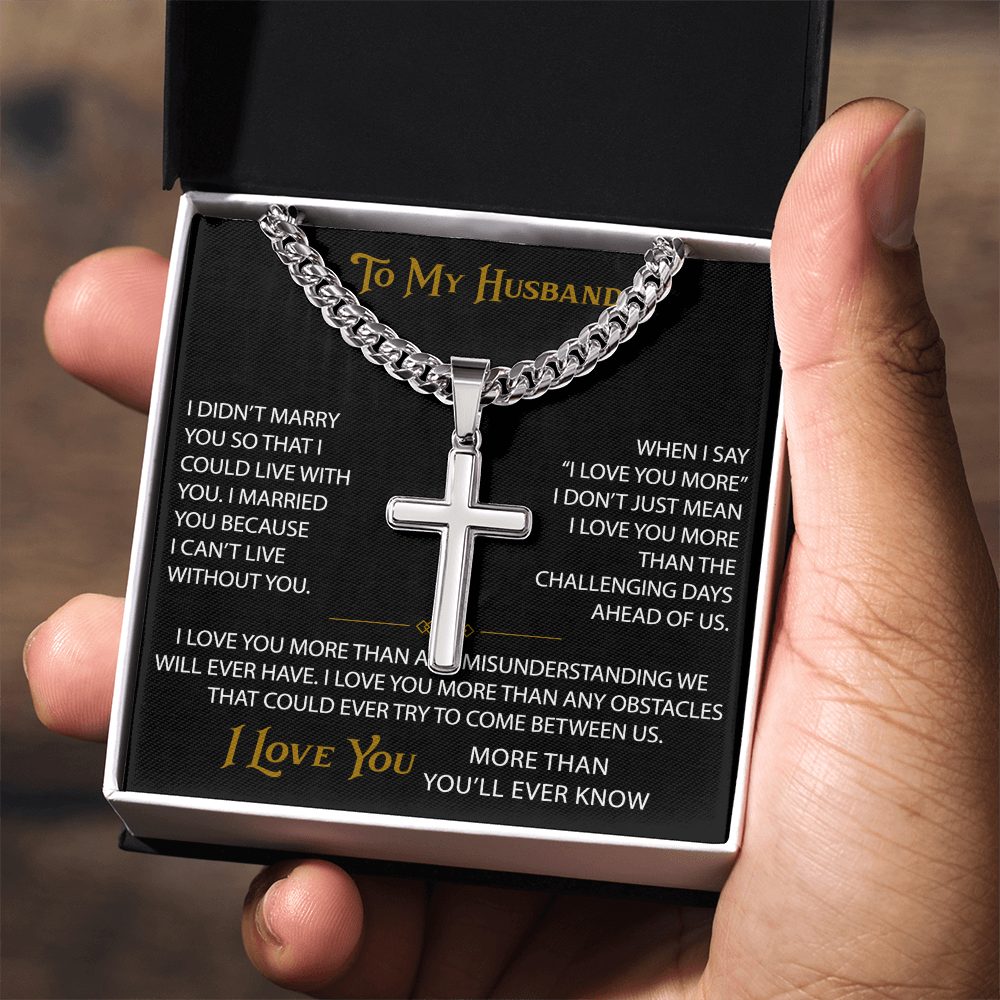 Wife Gift to My Husband Personalized Cross with Cuban Link Chain - Unique Present for Soulmate Broom, Wedding Anniversary, Birthday Gifts