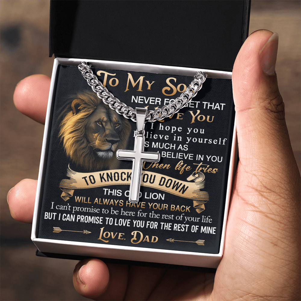 To My Son Personalized Cross with Cuban Link Chain Gift from Dad - Unique Gift for Birthday, Back to School, Graduation or any Special Occasion.