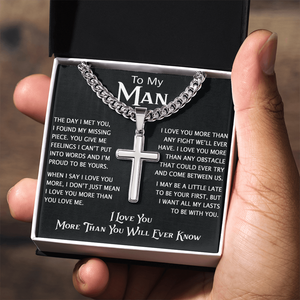 To My Man Personalized Cross with Cuban Link Chain - Perfect Gift for Birthday, Christmas