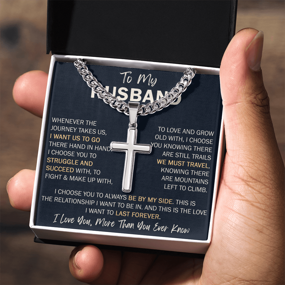 To My Husband Personalized Cross with Cuban Link Chain - Perfect Gift for Birthday, Valentine, Wedding Anniversary or any Special Occasion.