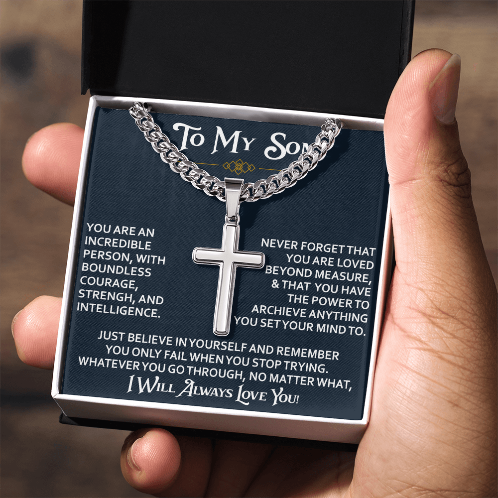 To My Son Personalized Cross with Cuban Link Chain Gift from Dad Mom - Unique Gift for Birthday, Back to School, Graduation or any Special Occasion.