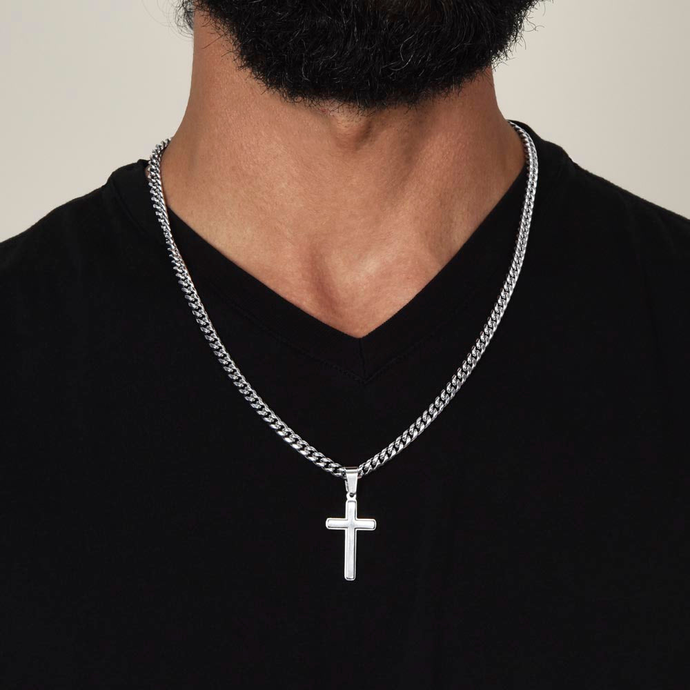 To My Grandson Artisan Cross with Cuban Link Chain - Christian Faith Gifts From Grandpa Grandma Inspirational Jewelry