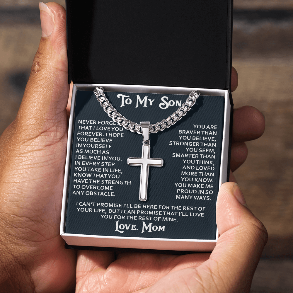 To My Son Personalized Cross with Cuban Link Chain Gift from Mom Mother for Birthday, Back to School, Graduation or any Special Occasion Present