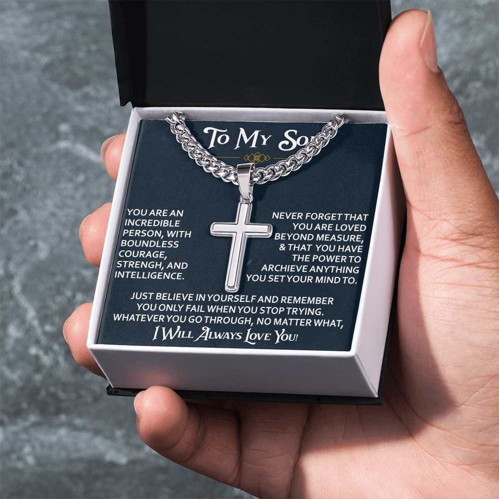 To My Son Personalized Cross with Cuban Link Chain Gift from Dad Mom - Unique Gift for Birthday, Back to School, Graduation or any Special Occasion.