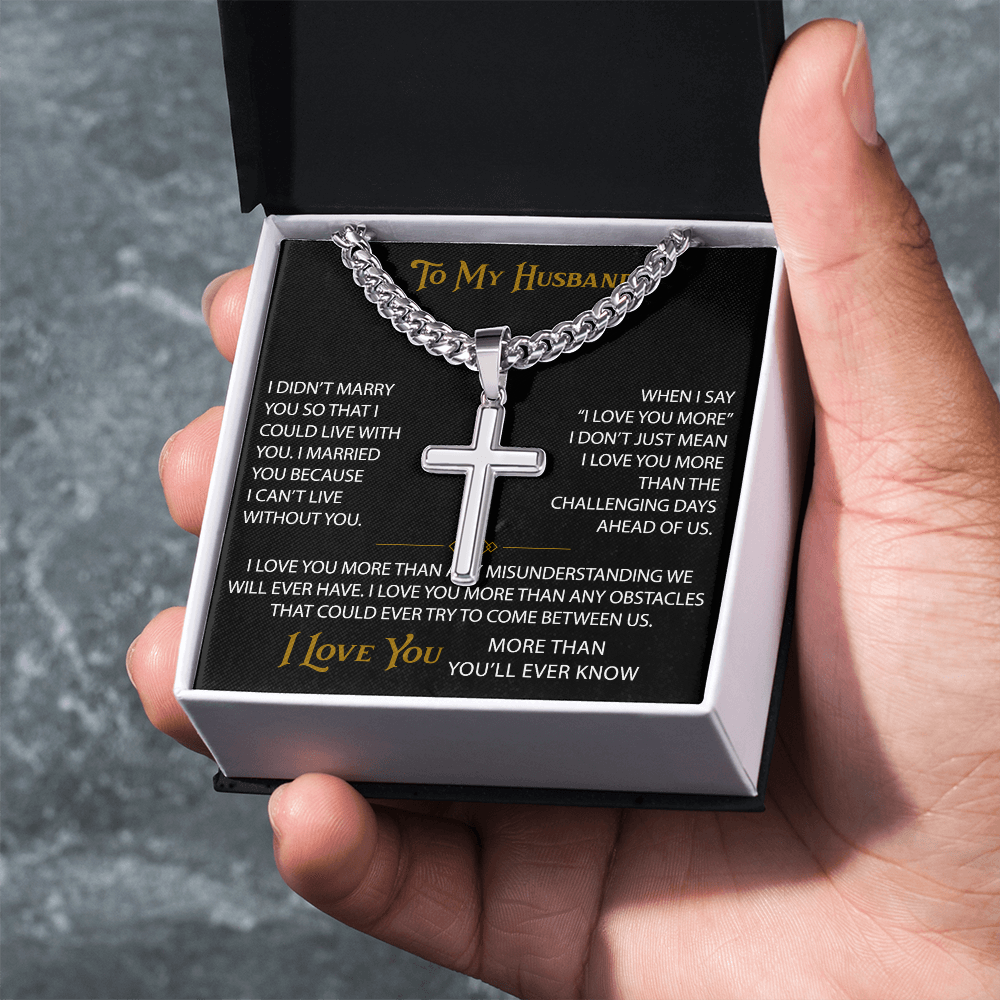 Wife Gift to My Husband Personalized Cross with Cuban Link Chain - Unique Present for Soulmate Broom, Wedding Anniversary, Birthday Gifts