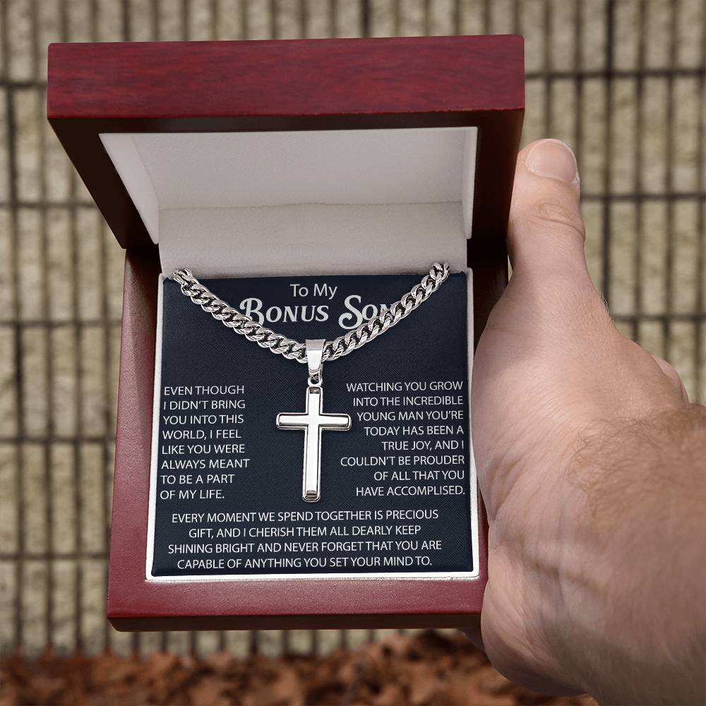 To My Bonus Son Personalized Cross with Cuban Link Chain -  Perfect Gift for Birthday, Christmas, Back to School or any Special Occasion.