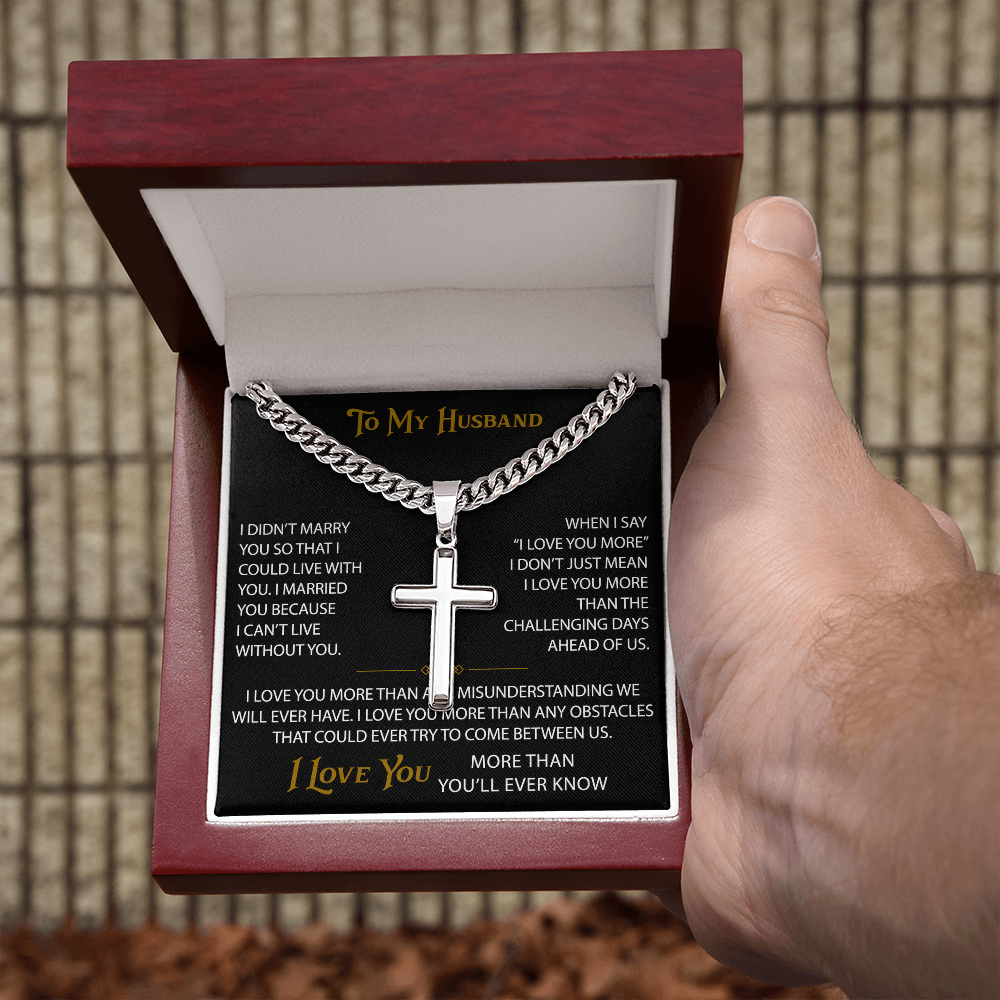 Wife Gift to My Husband Personalized Cross with Cuban Link Chain - Unique Present for Soulmate Broom, Wedding Anniversary, Birthday Gifts