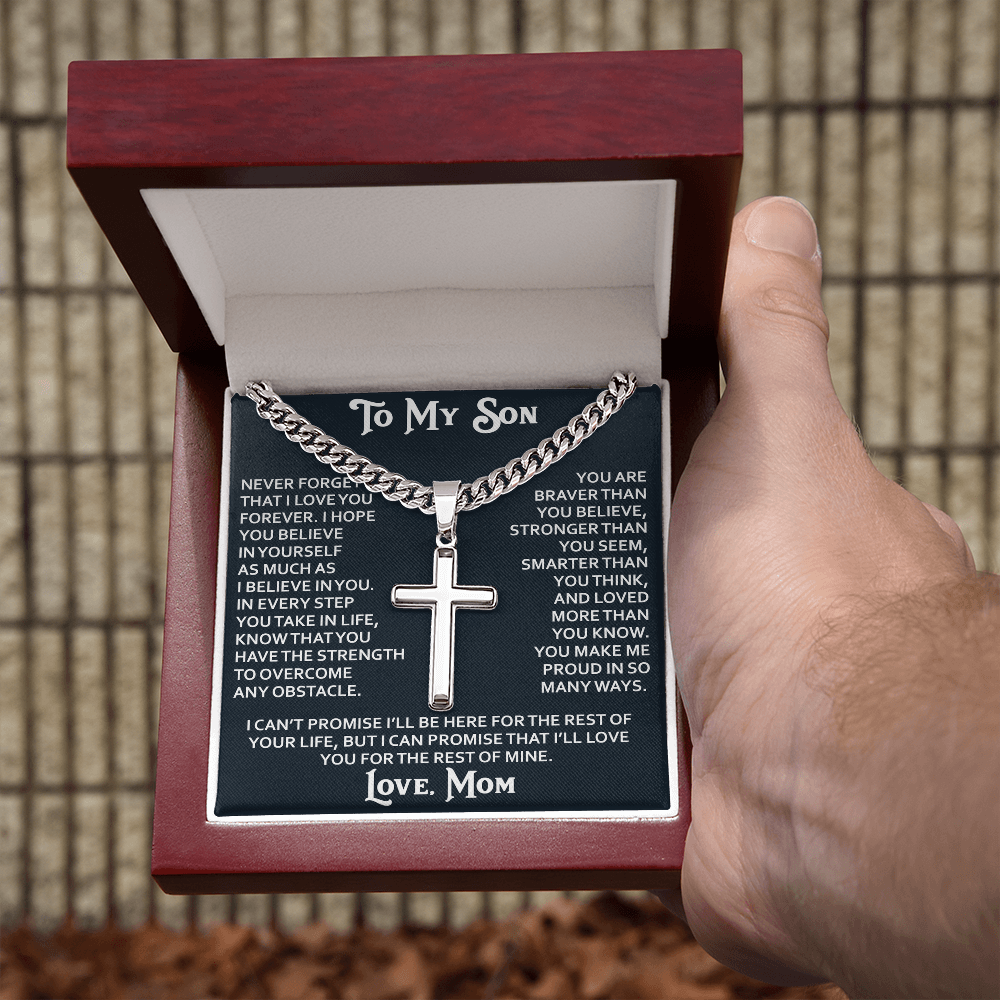 To My Son Personalized Cross with Cuban Link Chain Gift from Mom Mother for Birthday, Back to School, Graduation or any Special Occasion Present
